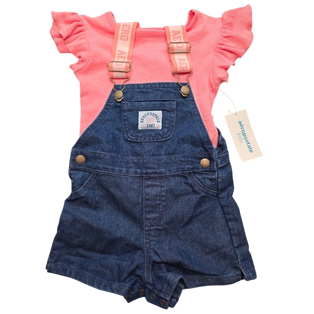 Aeropostale Kids Baby Girl Denim Shortalls Ruffle Bodysuit Set Pink‎ Blue 24M